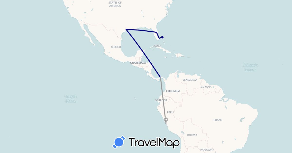 TravelMap itinerary: driving, plane in Bahamas, Panama, Peru, United States (North America, South America)